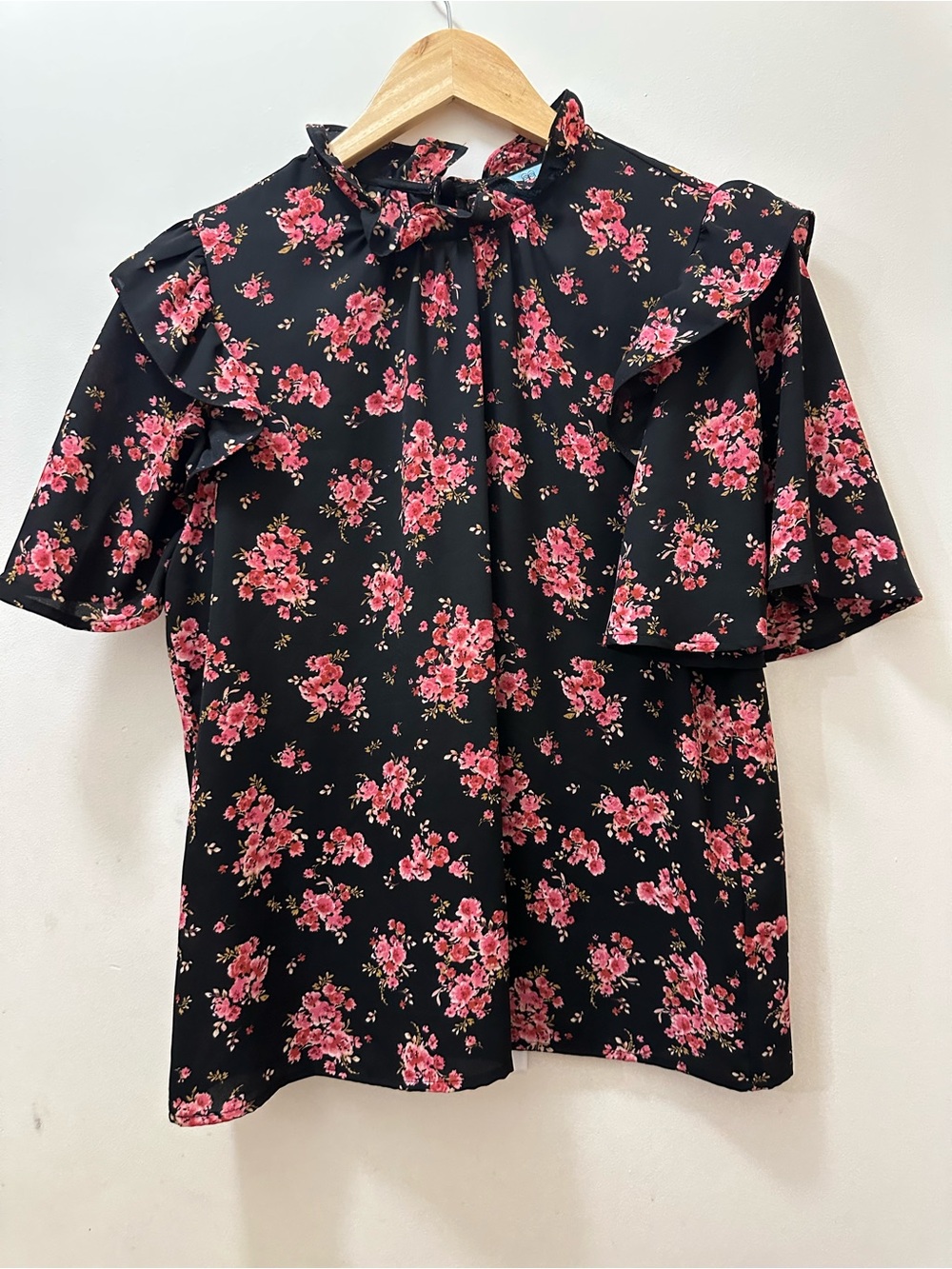 Women’s Black Floral Tie-Neck Blouse - Pink Floral Print
